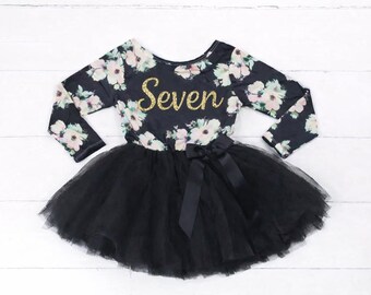 Vestido de tul negro de manga larga para niña de séptimo cumpleaños