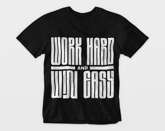 Paquete SVG PNG "Trabaja duro y gana fácilmente": Diseño motivador, entrenamiento de fitness en el gimnasio (descarga digital)