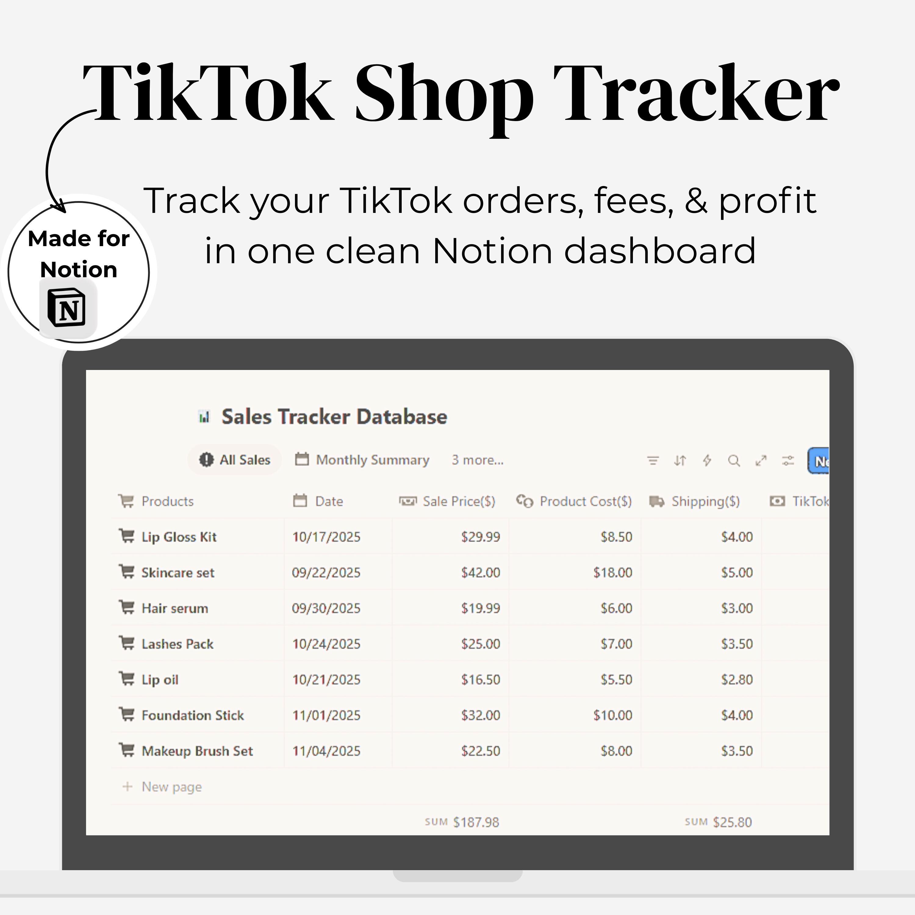 Notion Template - TikTok Shop Sales & Profit Tracker
