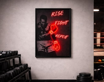 Neonboxningsposter – Rise Fight Repeat, väggkonst på gymmet
