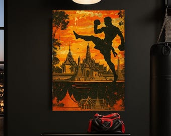 May include: A framed print depicting a Muay Thai fighter in silhouette, kicking in front of a Thai temple scene. The artwork features warm orange and yellow tones, with a black silhouette of the fighter and temple. A black and red duffel bag sits on a bench below.