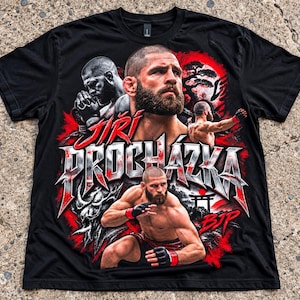 May include: A black t-shirt featuring a graphic print of mixed martial artist Jiří Procházka in various poses. The design includes red and white accents, a stylized bonsai tree, a torii gate, and the text "JIŘÍ PROCHÁZKA" and "BJP" in bold lettering.