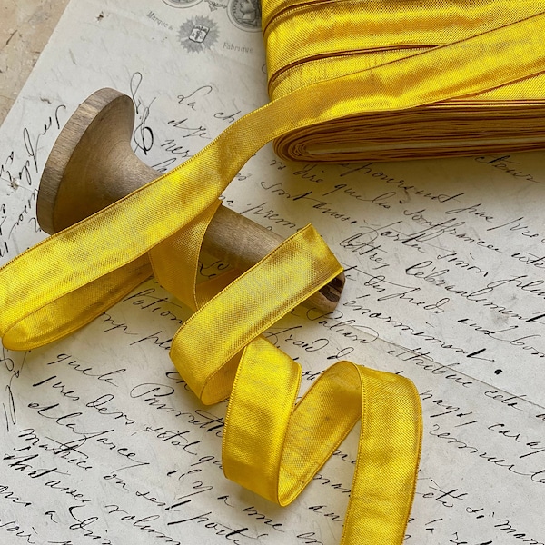 5/8 Vintage French Gorgeous vibrant sunshine yellow Goldenrod Ribbon Trim Rayon Ribbonworks doll, bows, hair, DIY craft, sewing, millinery,