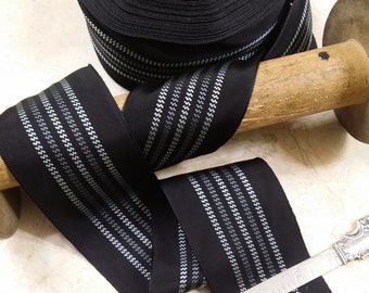 2.375" Straight Edge Woven Grosgrain Ribbon Stripes Vintage French BLACK with shades of gray grey trim hatband fedora Hatter