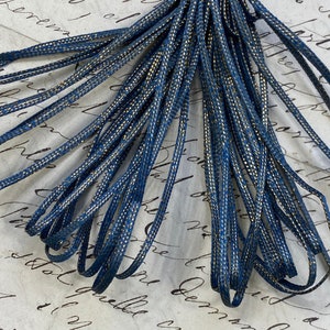 Tiny METAL Antique Vintage Gold color woven with Blue floss cord Trim ribbonwork reenactment costume historical DIY crafting ,jewelry making
