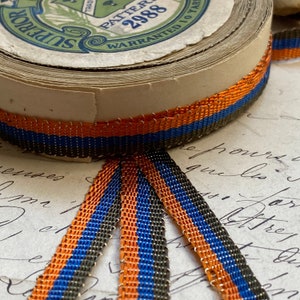 3/8&quot; Antique Stripe Ribbon Trim Orange, Blue, Brownish Olive Green with Gold Metal threads Ribbonworks, doll,
