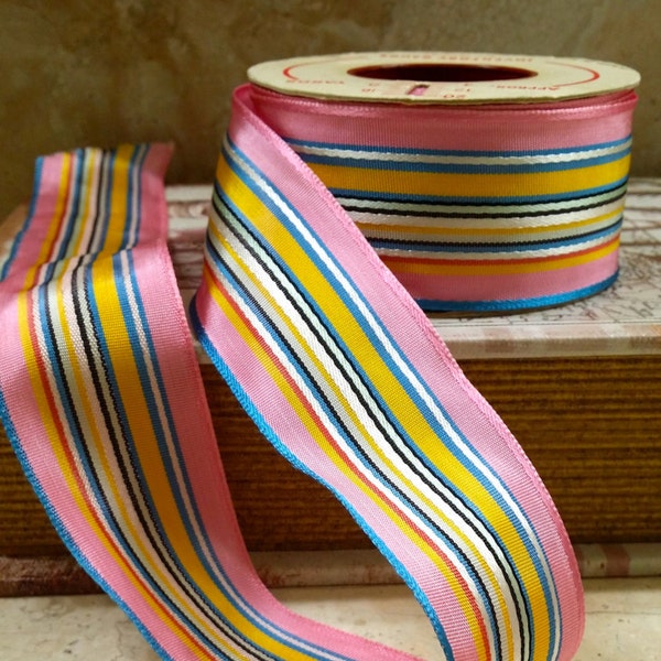 1.5" Vintage Ribbon Woven Edge Rayon Stripe Taffeta Pink, Blue, Yellow, creamy white,