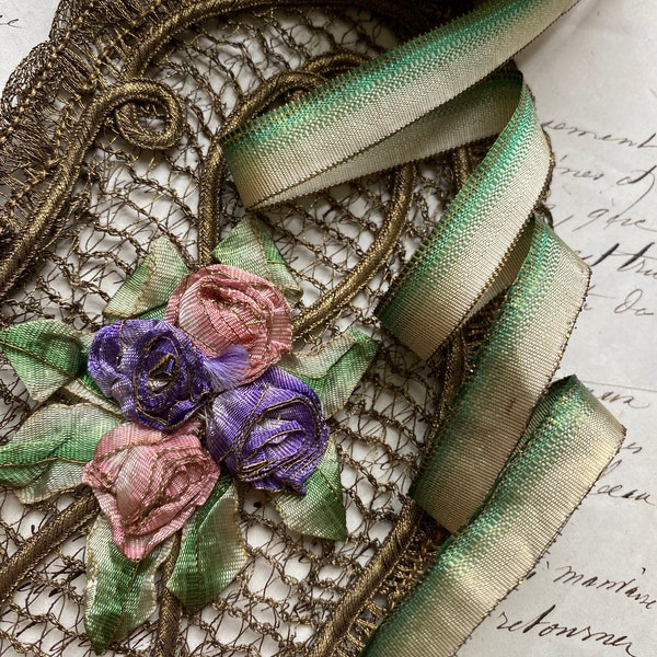 1/2" RARE Antique METAL & SILK Green Ombre Ribbon Trim  Ribbonworks leaves, doll, bride, bridal, wedding, boudoir