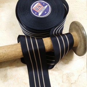 2&quot; Straight Edge Woven Grosgrain Ribbon Stripes Vintage French Darkest Navy Blue stripe beige gray trim hatband fedora Hatter
