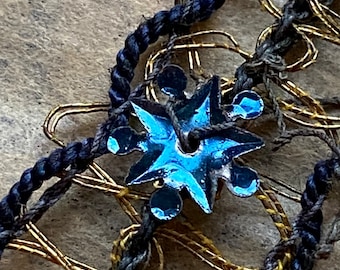 5/8" Antique French METAL gold Navy Blue & Blue METAL lace trim doll boudoir reenactment flapper era art deco Art Nouveau