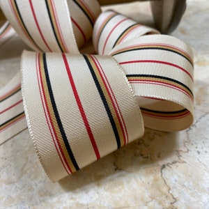 1.875" Straight Edge woven Vintage Hat Band Millinery Ribbon Trim Light Beige Ivory with red black camel stripes