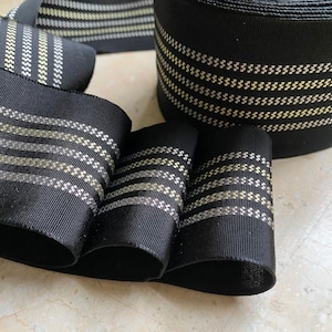2.375&quot; Straight Edge Woven Grosgrain Ribbon Stripes Vintage French BLACK with shades of gray grey yellow trim hatband fedora Hatter