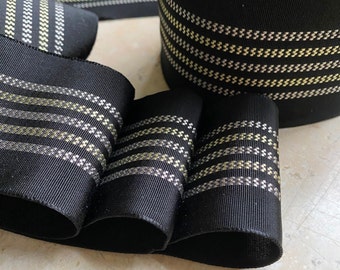 2.375" Straight Edge Woven Grosgrain Ribbon Stripes Vintage French BLACK with shades of gray grey yellow trim hatband fedora Hatter
