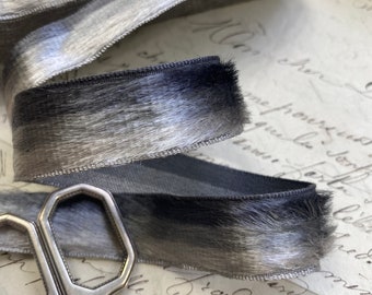 3/4" Antique/Vintage French Silk?/Rayon? Ribbon Trim, Hatband, fuzzy, grey, gray, silver white stripe ...Millinery, belt, strap, collar etc.