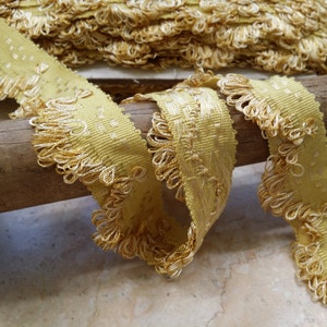 1.375&quot; Sawtooth Edge Vintage from France; Butter Yellow gold petersham with embroidered detailing scalloped fringe Style # 480-03