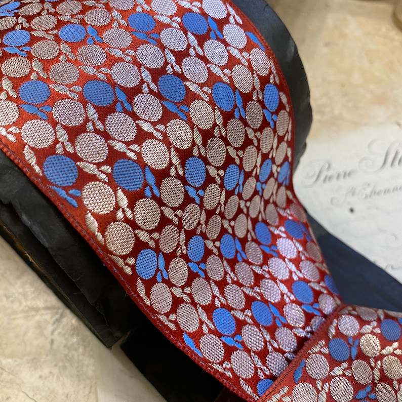 polka dots 3\u201d Vintage French Satin Ribbon with METAL /& Rayon embroidery Ribbon historical reenactment costume theater millinery silver