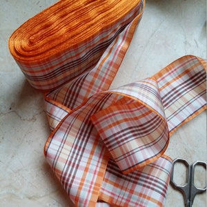 2.625&quot; Vintage French Woven Plaid Ribbon Trim, Drapey Orange, Brown, White Yellow, Red, Green  Millinery Bow, Hatter, Sash, etc...