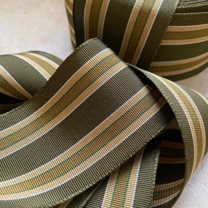 2" Straight Edge Woven Grosgrain Ribbon Stripes Vintage Earth greens, olive, khaki beige gold trim hatband boater fedora Hatter