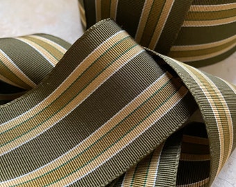 2" Straight Edge Woven Grosgrain Ribbon Stripes Vintage Earth greens, olive, khaki beige gold trim hatband boater fedora Hatter