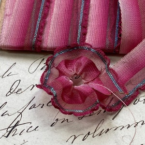5/8 in Antique Ribbon Trim Ombre Pinks, Sweet ruffle w/ pull thread ribbon works, ribbon flowers, boudoir, Wedding, Cinderella, Barbie