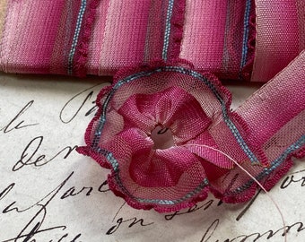 5/8 in Antique Ribbon Trim Ombre Pinks, Sweet ruffle w/ pull thread ribbon works, ribbon flowers, boudoir, Wedding, Cinderella, Barbie