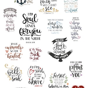 May include: A collection of inspirational quotes and Bible verses in various fonts and designs. The phrases include "Hope anchors the soul," "My soul longs for you," and "For God so loved the world." The color palette includes black, white, and pastel hues.