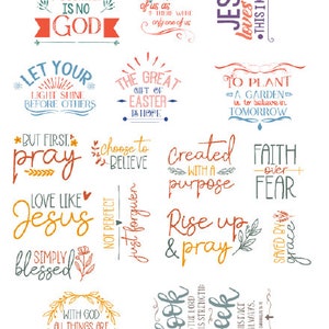 May include: A collection of inspirational quotes and phrases in various colors and fonts. The phrases include "A God of the Possible is No God", "Jesus loves me", "Let your light shine", and "Love like Jesus".