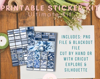 Blauwe en witte Chinoiserie afdrukbare ultieme planner sticker kit, Cricut en silhouet, verticale planner, wekelijkse kit
