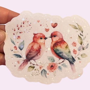 Pegatinas HOLOGRÁFICAS de pájaros enamorados, adorable pareja de pájaros enamorados, pegatina estética iridiscente de San Valentín, troquelada