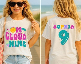 On Cloud Nine 9th Birthday Girl Shirt, Custom Name 9 Years Old Girls T-Shirts