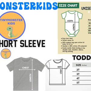 May include: Image features size charts for youth short sleeve shirts, unisex bodysuits, and toddler shirts. Measurements are in inches. The "TINYMONSTERKIDS" logo is at the top, with a cartoon dinosaur.