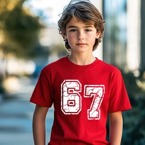 May include: A red t-shirt featuring the number "67" in a distressed, cracked white font. The short-sleeved shirt is worn by a person with light brown hair, set against a blurred outdoor background. The shirt is a casual apparel item.