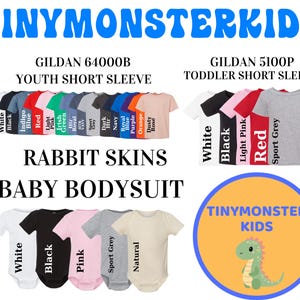 May include: Image featuring children's apparel, including youth short sleeve shirts and toddler short sleeve shirts in various colors. The image also displays baby bodysuits. The text "TINYMONSTERKIDS" is prominently displayed.