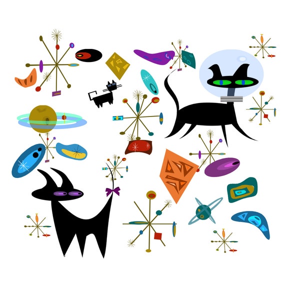 MCM Atomic Cat SVG Clipart with Boomerangs, Pinwheels, Stars, and more