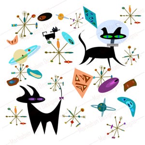 MCM Atomic Cat Clipart with Boomerangs, Pinwheels, Stars, and more