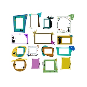 Könnte beinhalten: Ein Set aus 15 bunten Rahmen mit schwarzen Katzensilhouetten und abstrakten Formen. Die Rahmen sind in verschiedenen Formen und Größen, darunter Kreise, Quadrate und Rechtecke. Einige Rahmen haben einen Retro-Stil der Mitte des Jahrhunderts.