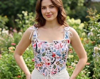 Medieval Floral Fantasy Corset Top, Ren Faire Medieval Costume Women, Edwardian Overbust Cosplay Corset, Halloween Fantasy Larp Costumes