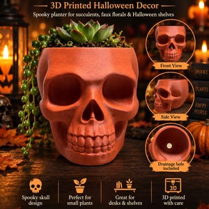 May include: A 3D printed orange skull planter featuring a hollow interior with a drainage hole. The skull has a detailed cranium, eye sockets, nasal cavity, and teeth. It contains a green succulent plant with trailing beads.