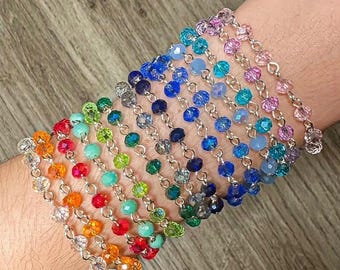 Faceted Rondelle Glass Bead Bracelet, Color Customizable, Adjustable, Glimmering Whimsical Silver Plated Wire Wrapped Bracelet for Layering