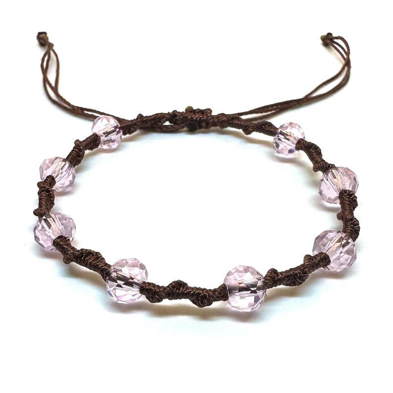Twisted Vine Beaded Macrame Bracelet, Color Customizable, Faceted Rondelle Glass Beads, Adjustable Light Pink