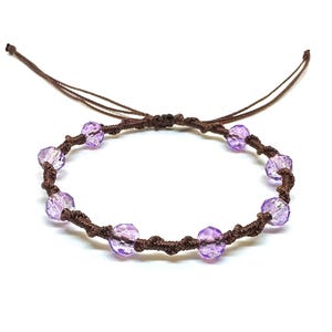 Twisted Vine Beaded Macrame Bracelet, Color Customizable, Faceted Rondelle Glass Beads, Adjustable Lilac