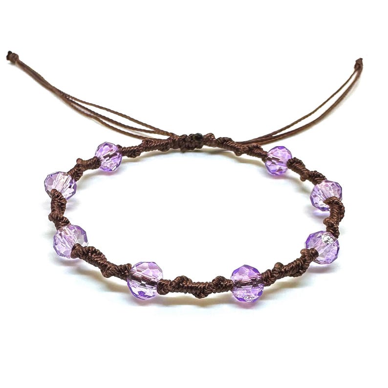 Twisted Vine Beaded Macrame Bracelet, Color Customizable, Faceted Rondelle Glass Beads, Adjustable Lilac