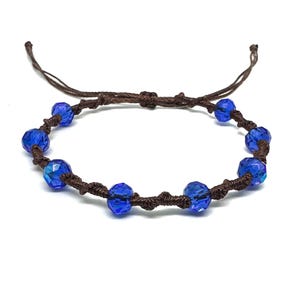 Twisted Vine Beaded Macrame Bracelet, Color Customizable, Faceted Rondelle Glass Beads, Adjustable Sapphire Blue