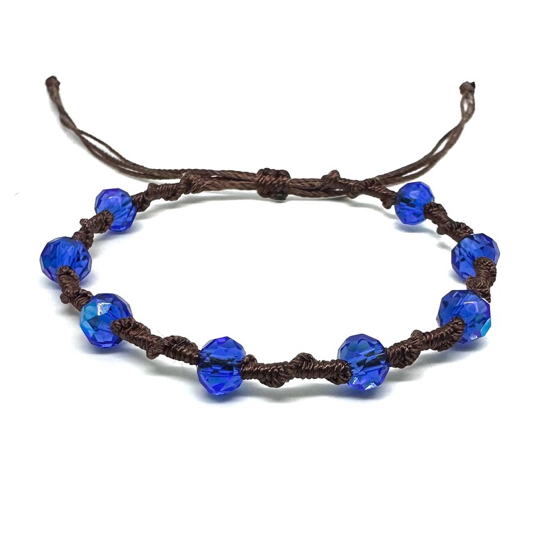 Twisted Vine Beaded Macrame Bracelet, Color Customizable, Faceted Rondelle Glass Beads, Adjustable Sapphire Blue