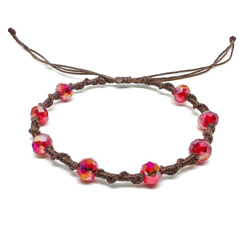 Twisted Vine Beaded Macrame Bracelet, Color Customizable, Faceted Rondelle Glass Beads, Adjustable Fiery Red