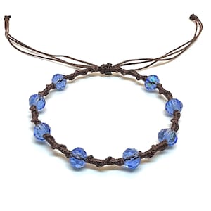 Twisted Vine Beaded Macrame Bracelet, Color Customizable, Faceted Rondelle Glass Beads, Adjustable Cerulean Blue