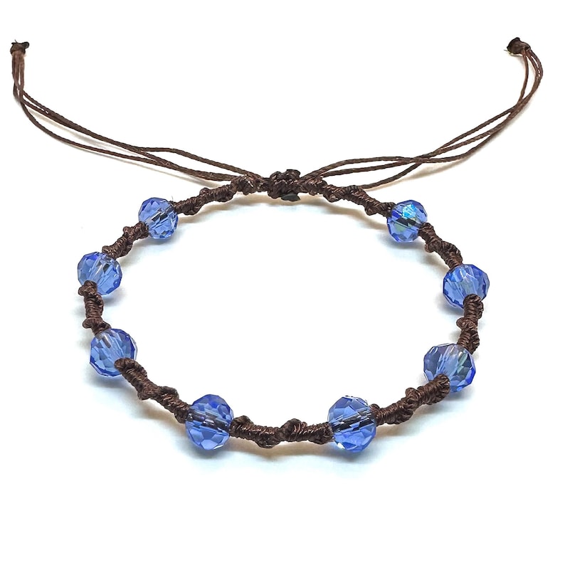 Twisted Vine Beaded Macrame Bracelet, Color Customizable, Faceted Rondelle Glass Beads, Adjustable Cerulean Blue