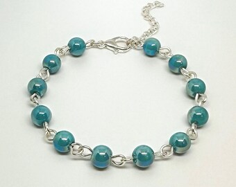 Teal Electroplated Glass Bead Bracelet, Wire Wrapped, Silver & Gold