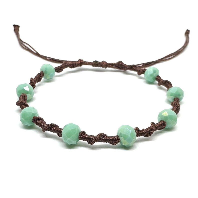 Twisted Vine Beaded Macrame Bracelet, Color Customizable, Faceted Rondelle Glass Beads, Adjustable Mint Green