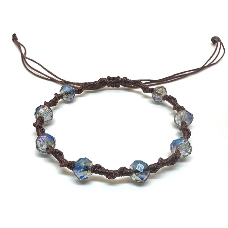 Twisted Vine Beaded Macrame Bracelet, Color Customizable, Faceted Rondelle Glass Beads, Adjustable Iridescent Storm